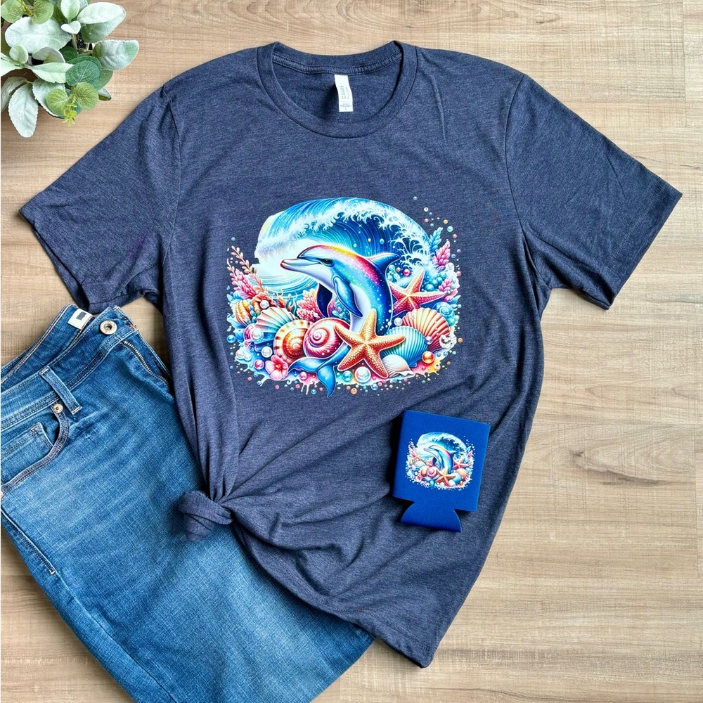 Heather Midnight Navy Tri-blend Tee & Can Cooler Ocean Dolphins